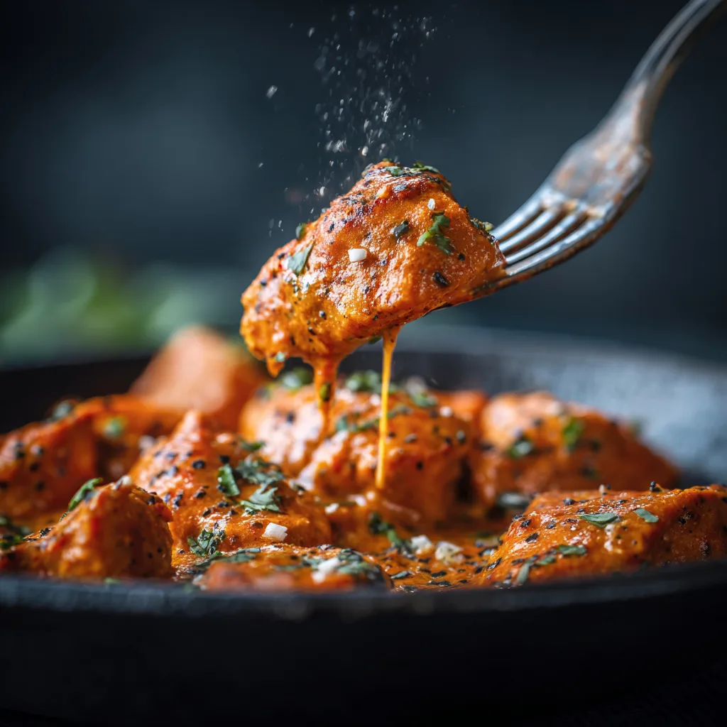 Nahaufnahme von cremigem Butter Chicken mit zarter Hähnchentextur