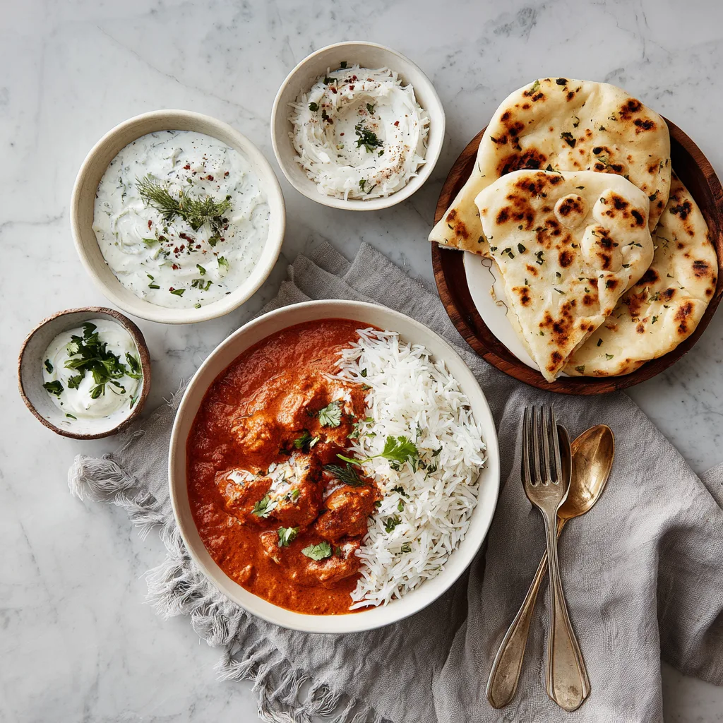 Butter Chicken mit Reis, Naan und Raita auf gedecktem TischButter Chicken mit klassischen Beilagen – ein echtes Highlight auf jedem Tisch.