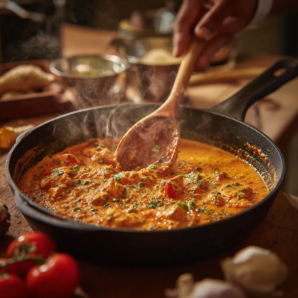 Butter Chicken wird in der Pfanne gerührt, während die Sauce köchelt