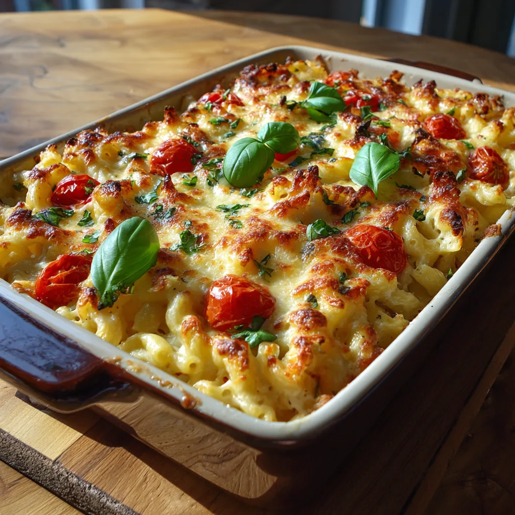 Cremiger Nudelauflauf mit Tomaten in Auflaufform mit goldbrauner Käsekruste und frischem Basilikum