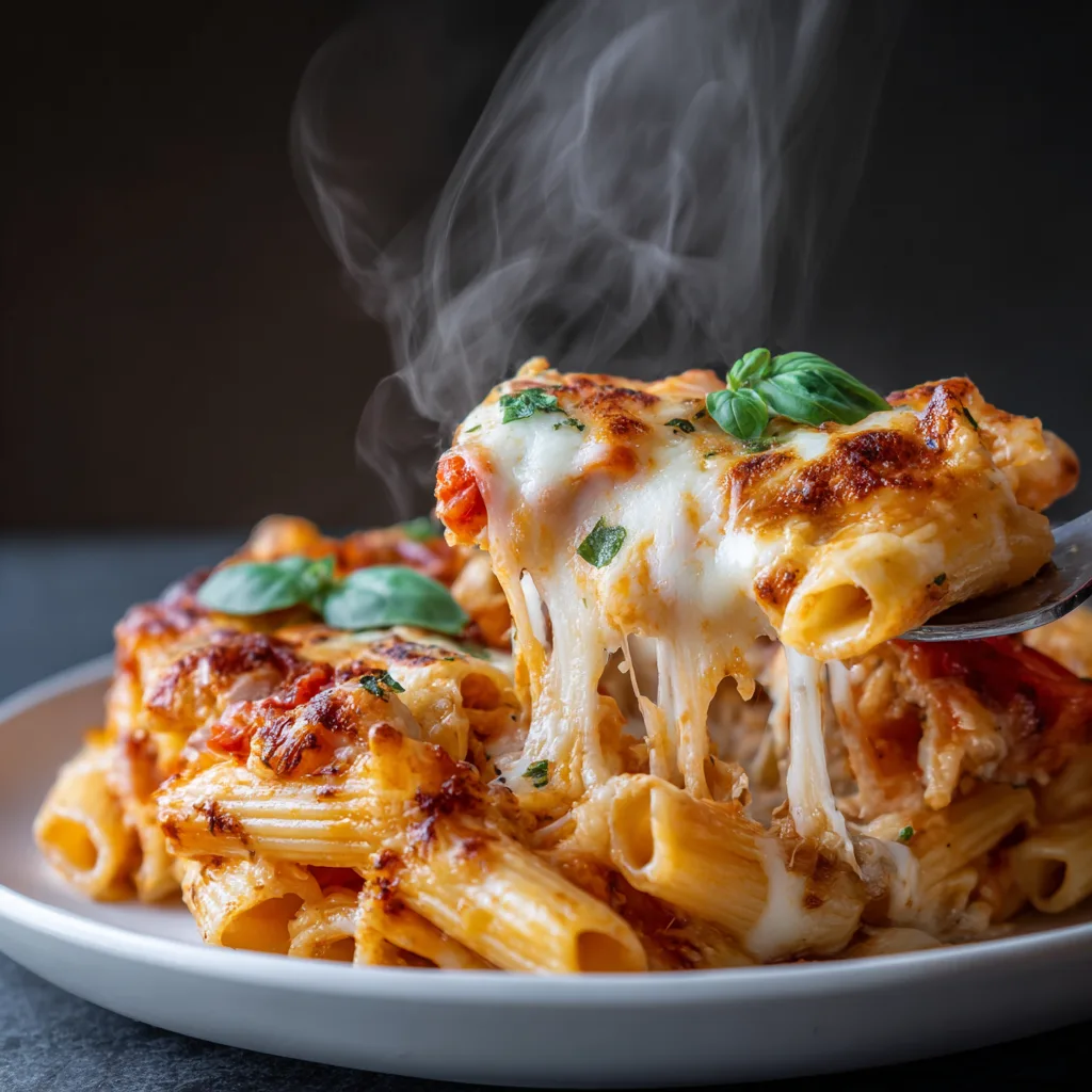 Nahaufnahme cremiger Nudelauflauf mit Tomaten mit ziehenden Käsefäden auf Gabel