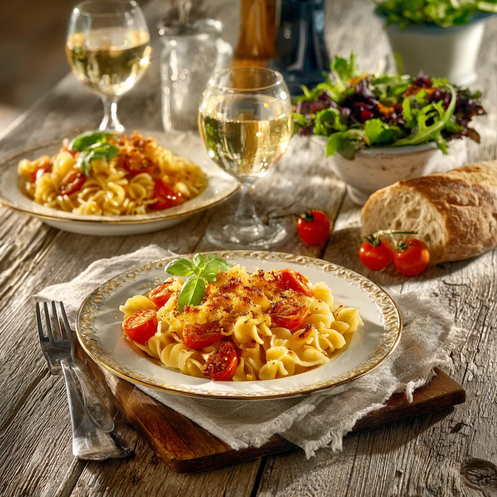 Servierter cremiger Nudelauflauf mit Tomaten auf gedecktem Tisch mit Beilagen