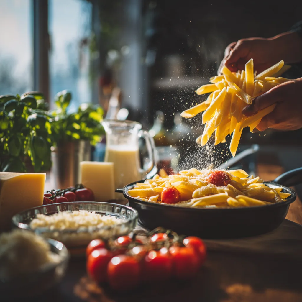 Zubereitung cremiger Nudelauflauf mit Tomaten in der Küche mit frischen Zutaten