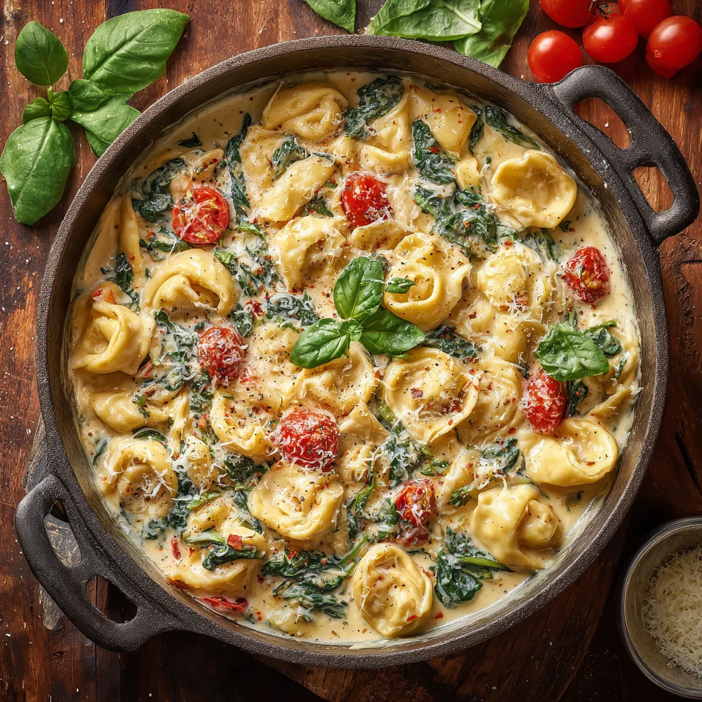 Cremiger Tortellini-Topf von oben mit Sahnesauce, Cherrytomaten und frischem Spinat