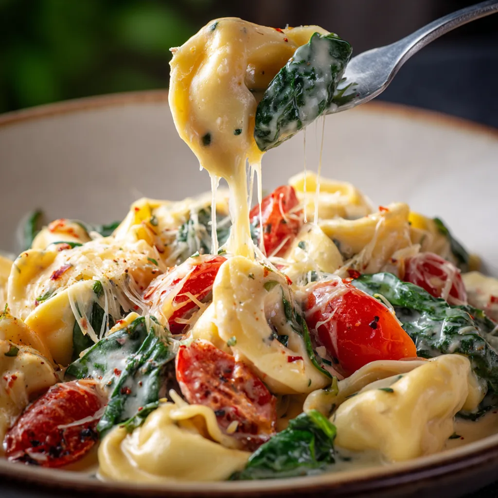 Nahaufnahme Cremiger Tortellini-Topf mit Käsefüllung und cremiger Sauce