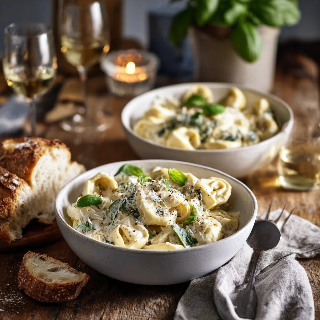 Servierter Cremiger Tortellini-Topf in Schalen auf gedecktem Tisch mit Brot