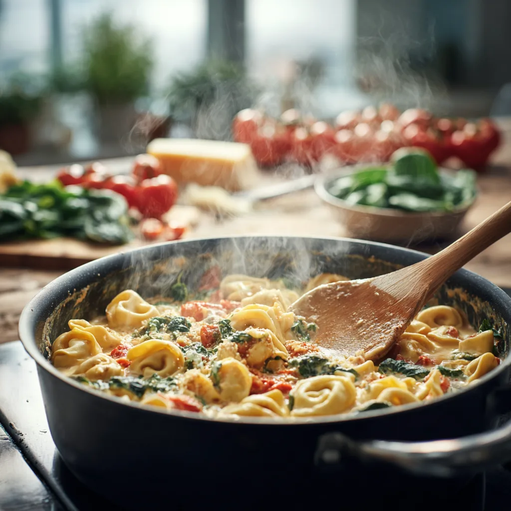 Cremiger Tortellini-Topf wird auf dem Herd zubereitet mit frischen Zutaten