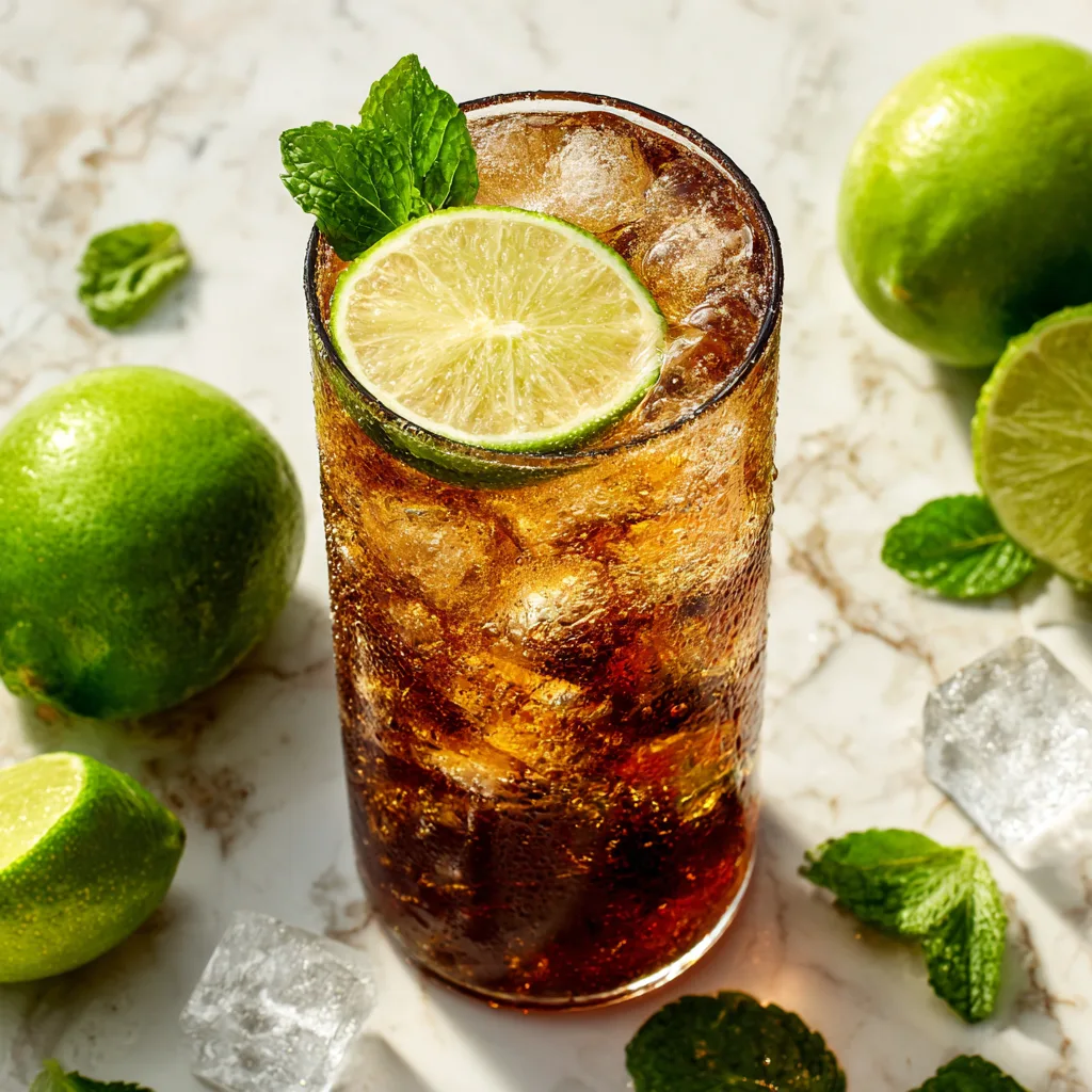 Cuba Libre Cocktail in Highball-Glas mit Eiswürfeln, Rum, Cola und frischen Limettenscheiben von oben fotografiert