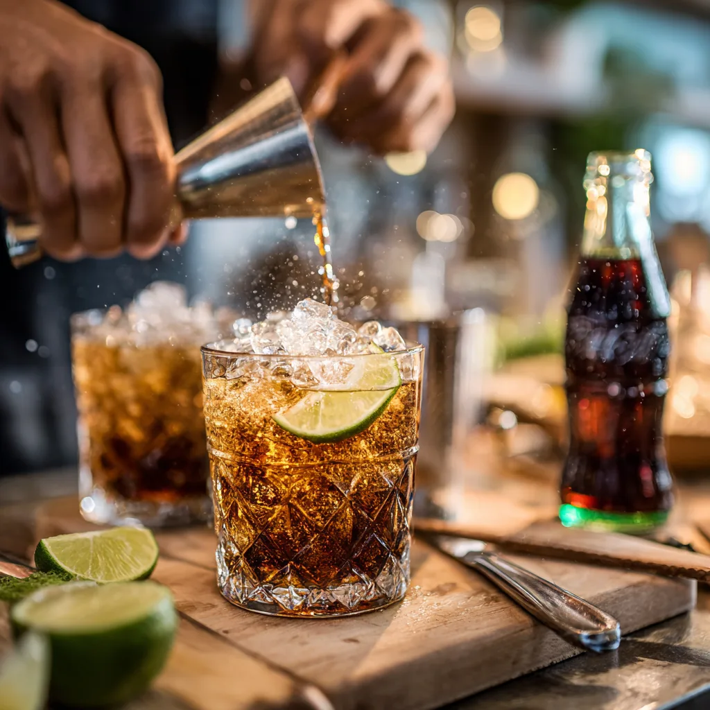Cuba Libre Zubereitung: Rum wird in Glas mit Eis und Limette gegossen – Action Shot