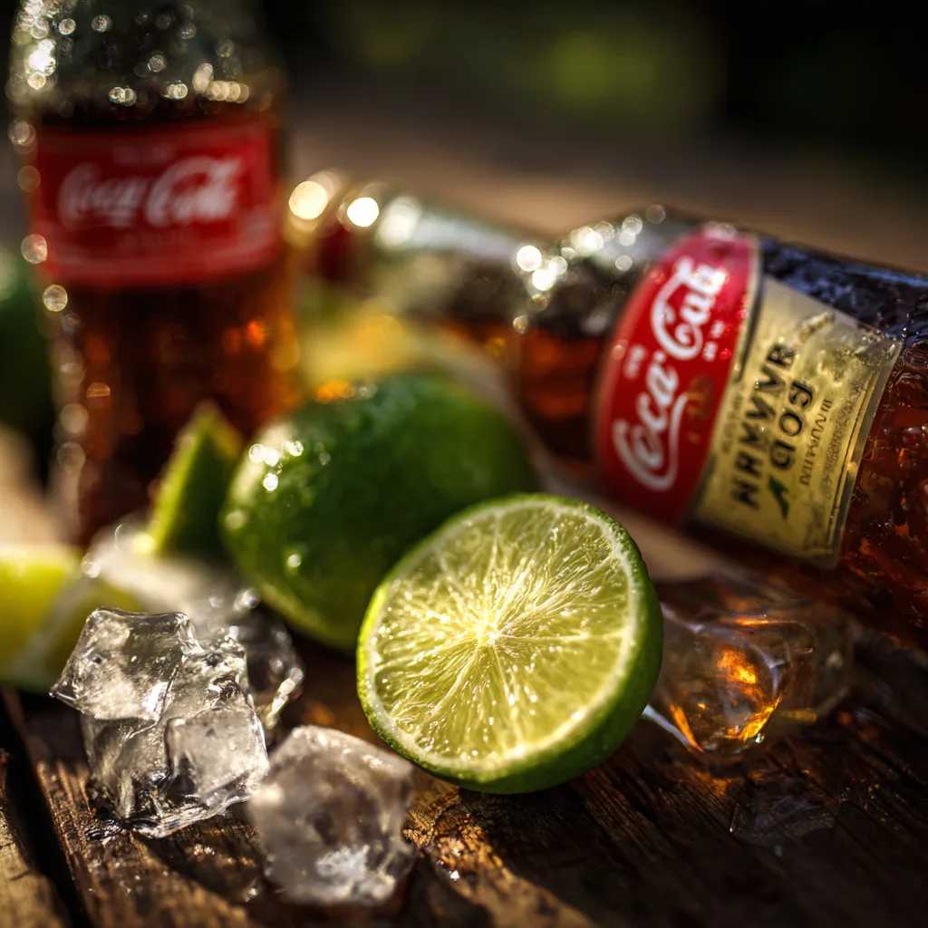 Hauptzutaten für Cuba Libre: Havana Club Rum, frische Limetten und Cola in künstlerischer Nahaufnahme