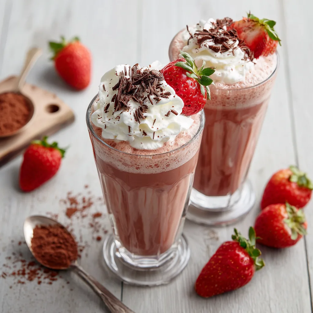 Erdbeer-Schoko-Drink in Gläsern von oben mit Sahne und frischen Erdbeeren garniert