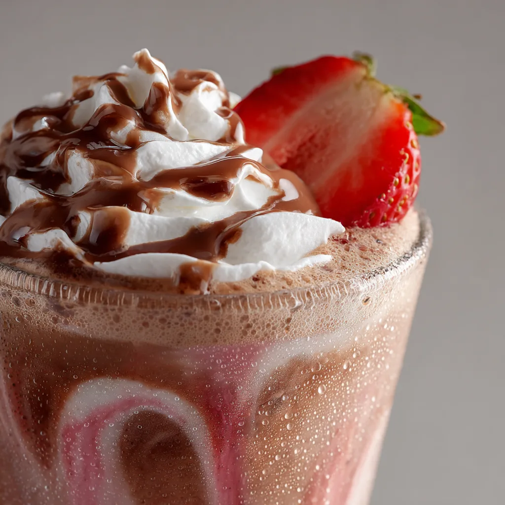 Nahaufnahme cremiger Erdbeer-Schoko-Drink mit Marmorierung und Sahnetopping