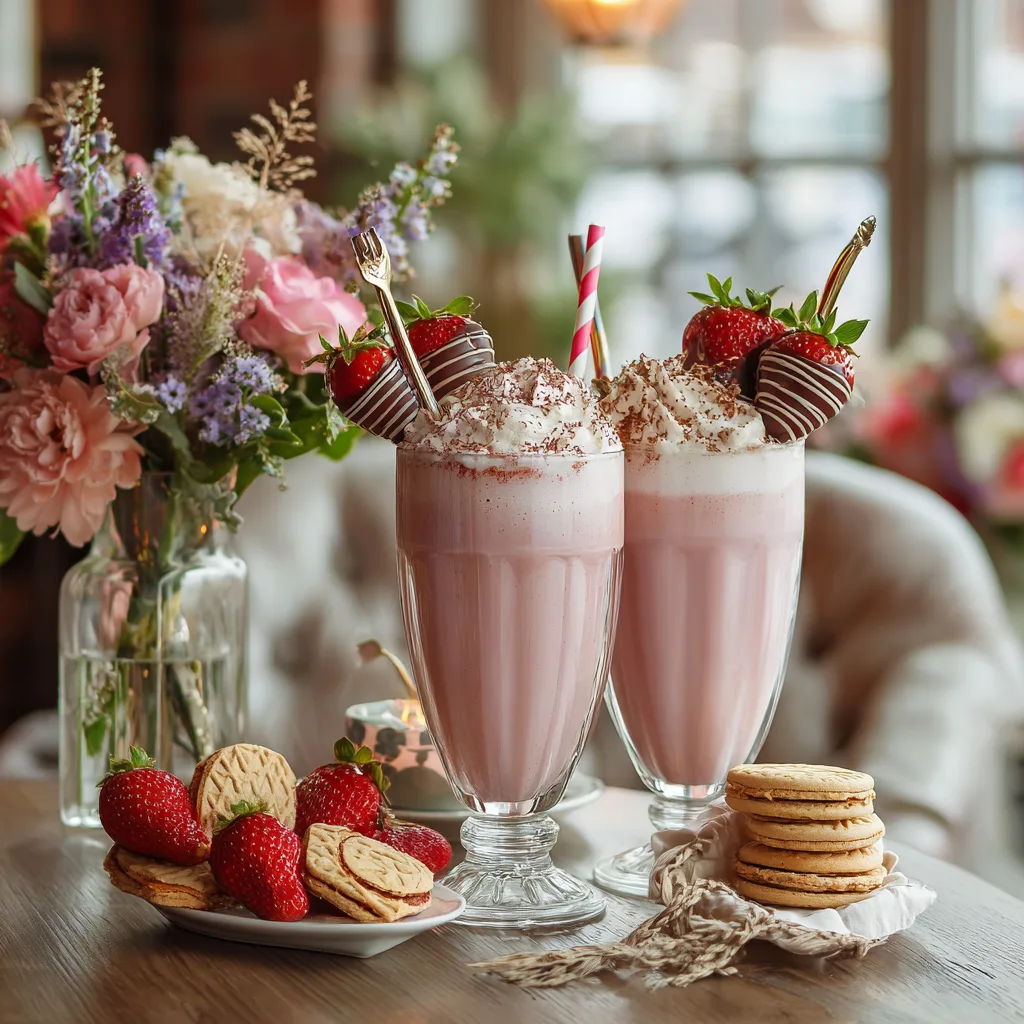 Servierter Erdbeer-Schoko-Drink auf gedecktem Tisch mit Keksen und Dekoration
