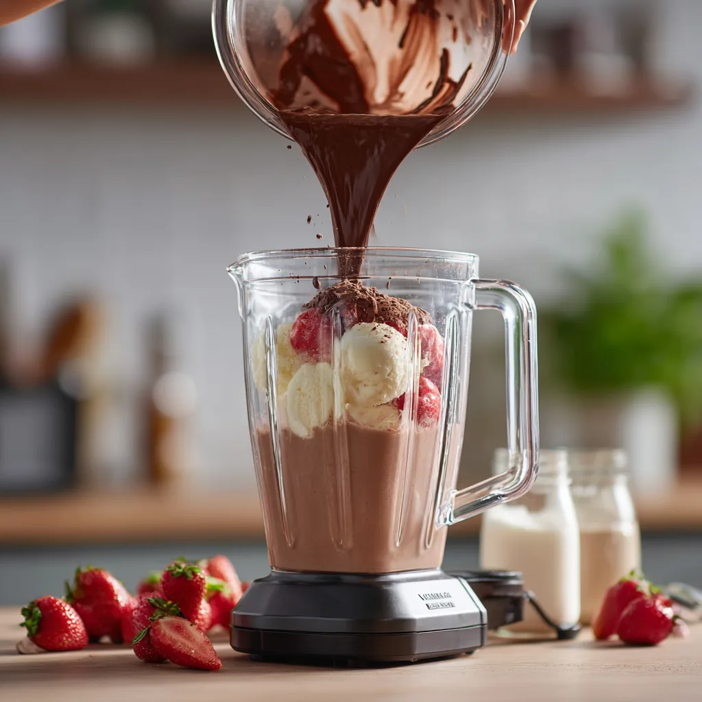 Zubereitung Erdbeer-Schoko-Drink im Mixer mit frischen Zutaten in der Küche