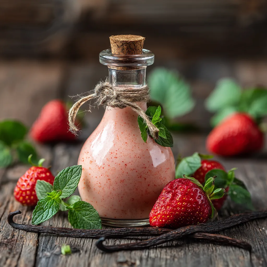 Erdbeerlimes in Flasche mit frischen Erdbeeren auf Holztisch