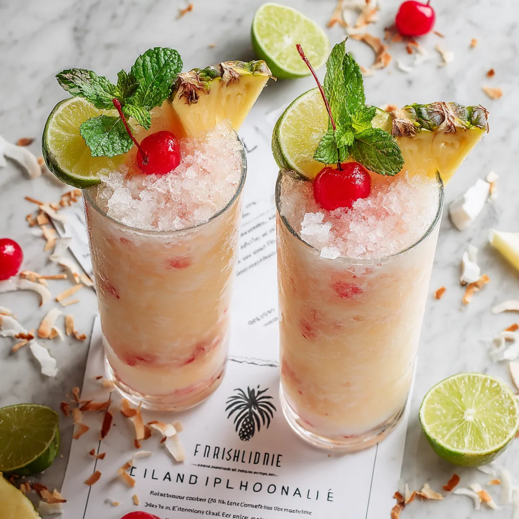 Erfrischende Pink Flamingo Colada von oben mit Ananas, Kokos und Eis