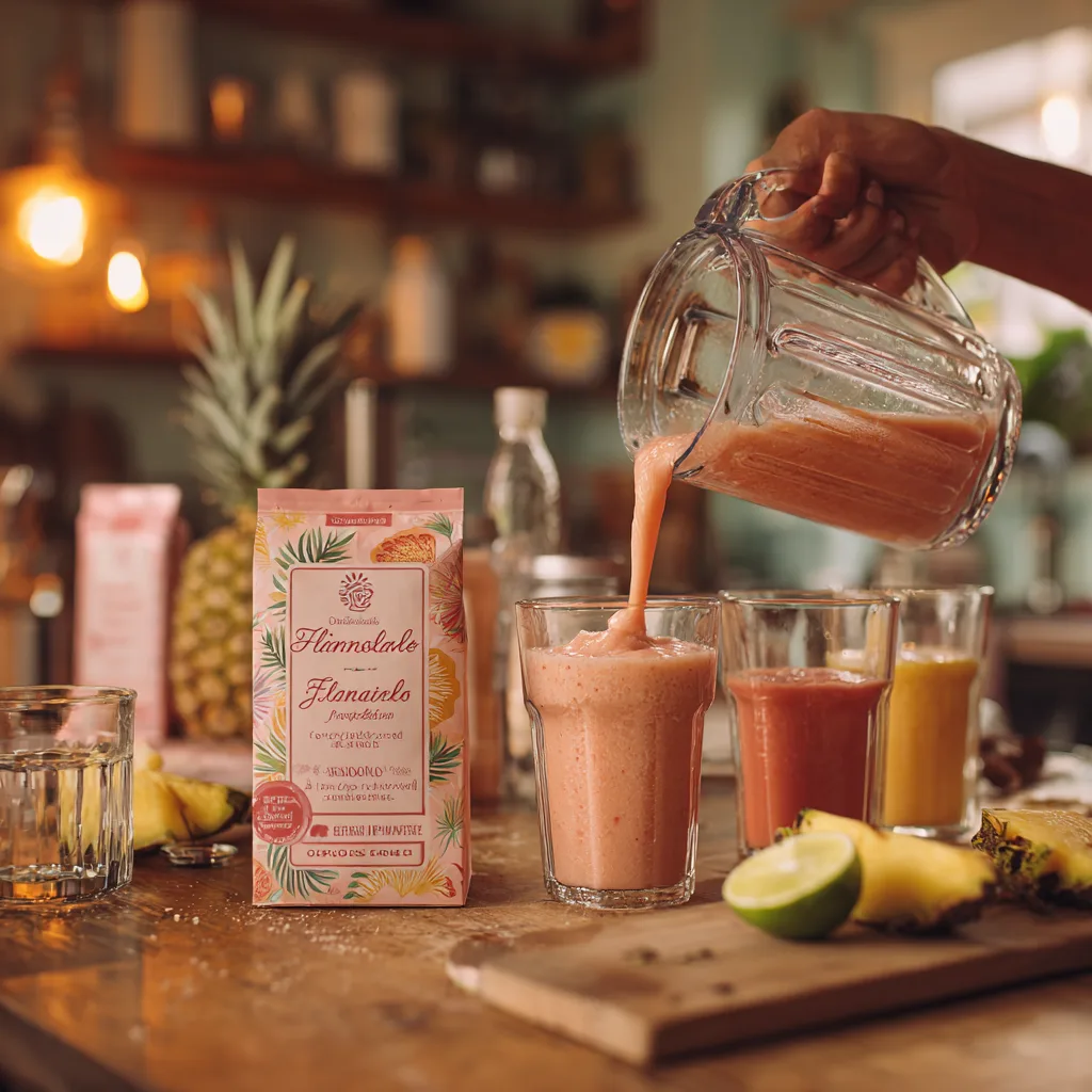 Erfrischende Pink Flamingo Colada wird frisch aus dem Mixer ins Glas gegossen