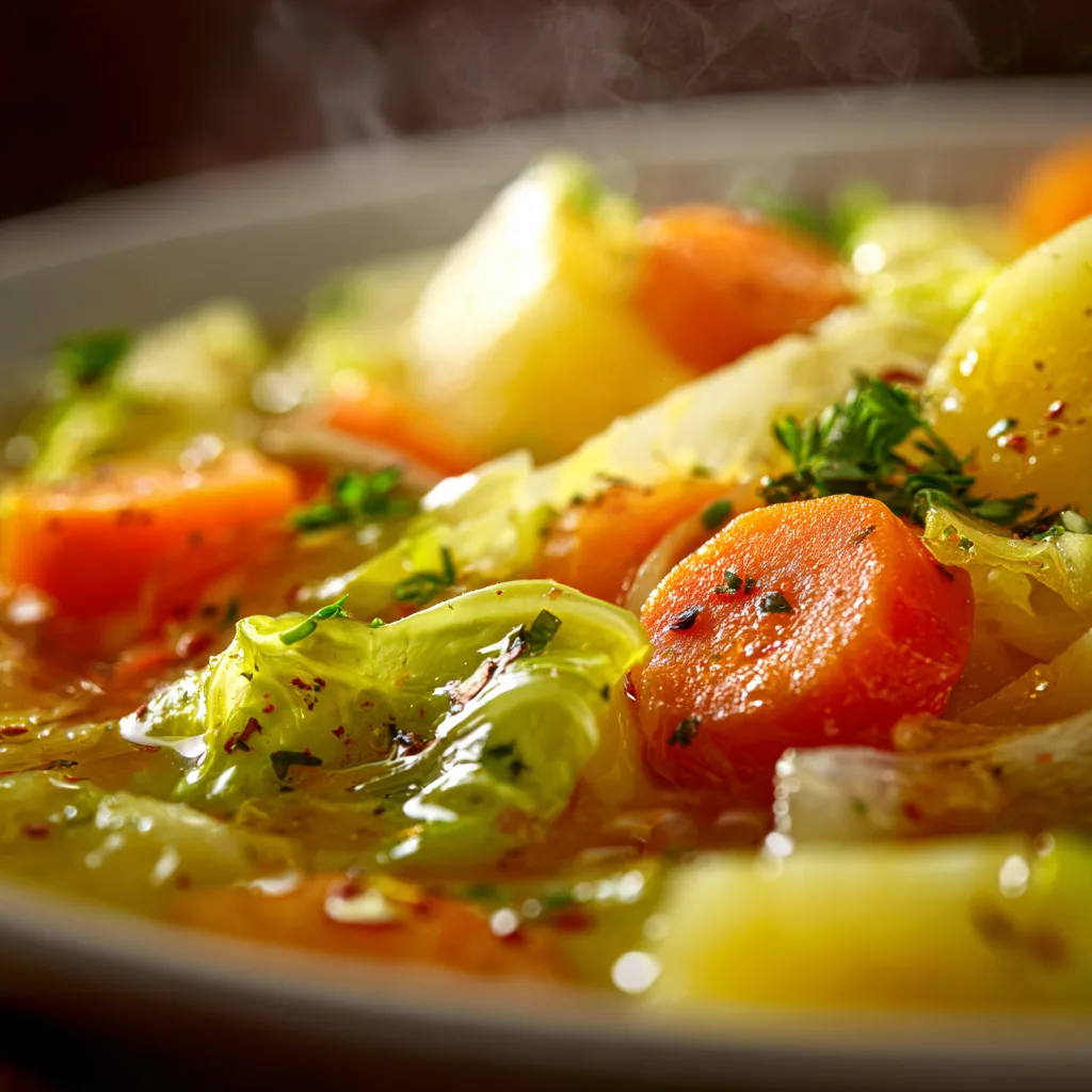 Nahaufnahme von wärmendem Gemüseeintopf mit dampfender Brühe und zartem Gemüse