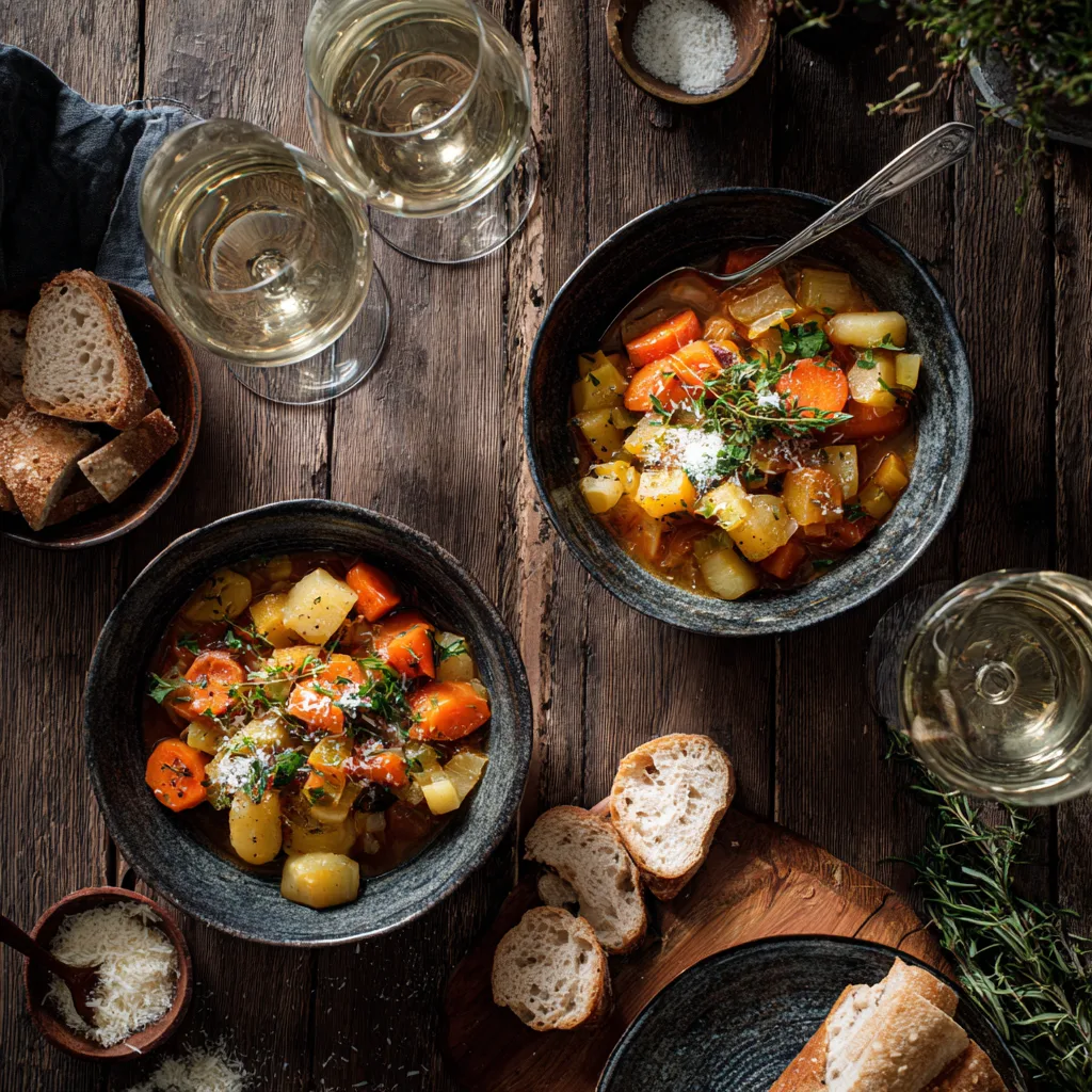 Wärmender Gemüseeintopf serviert mit Brot und Käse auf rustikalem Holztisch
