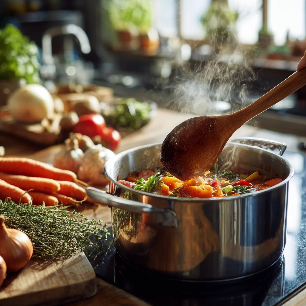 Zubereitung von wärmendem Gemüseeintopf in großem Topf mit frischen Zutaten