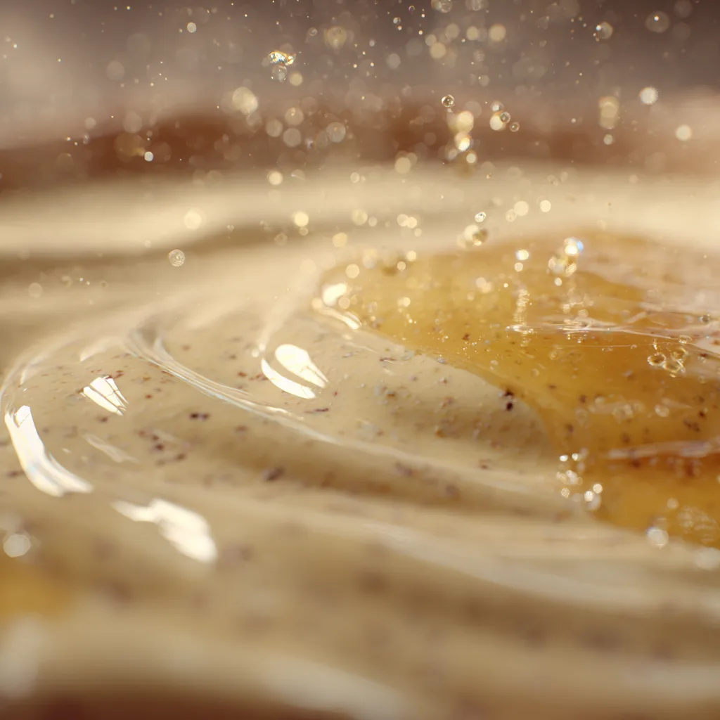 Nahaufnahme der cremigen Konsistenz von Grießbrei von Großmutter mit Vanillespuren