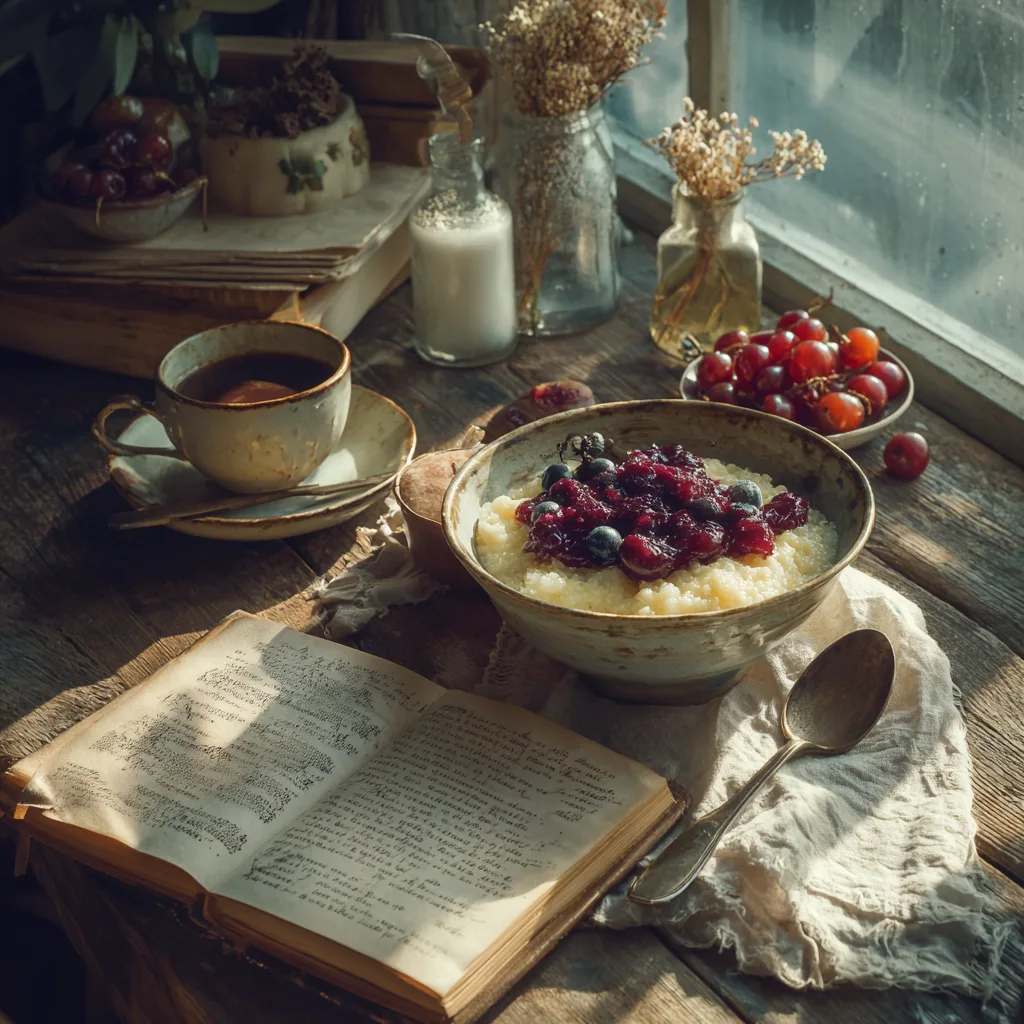  Grießbrei von Großmutter appetitlich serviert mit Früchten auf gedecktem Frühstückstisch