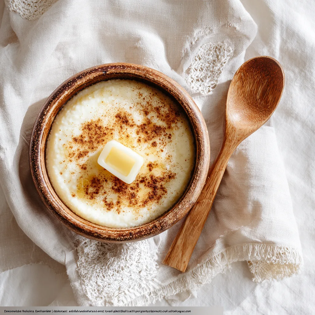 Grießbrei von Großmutter in rustikaler Schüssel mit Zimt und Zucker von oben fotografiert