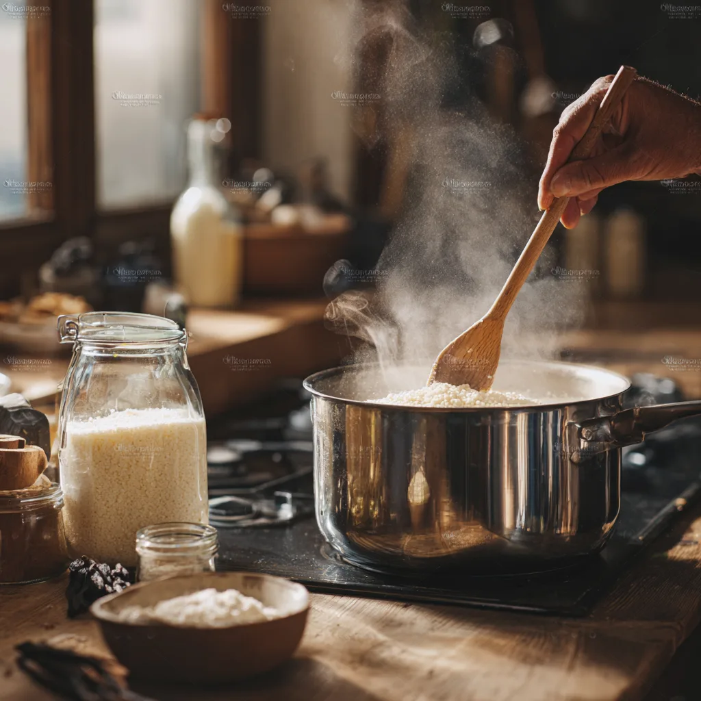 ubereitung von Grießbrei von Großmutter – Rühren von Grieß in Milch im Topf