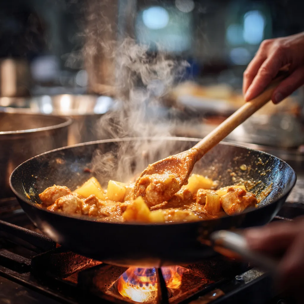 Hähnchen-Ananas-Curry wird im Wok zubereitet – Action-Kochszene