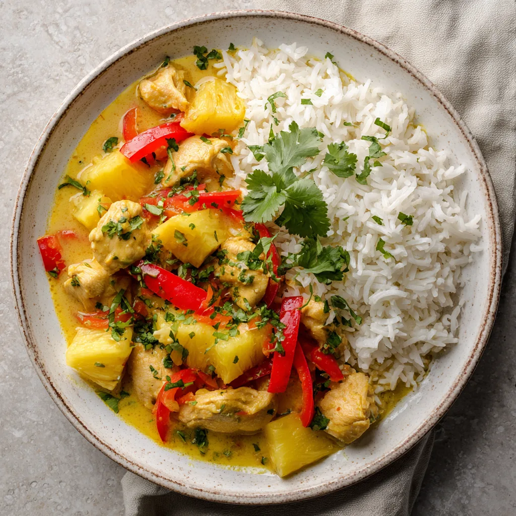 Hähnchen-Ananas-Curry mit Reis – Draufsicht mit cremiger Sauce und frischen Zutaten
