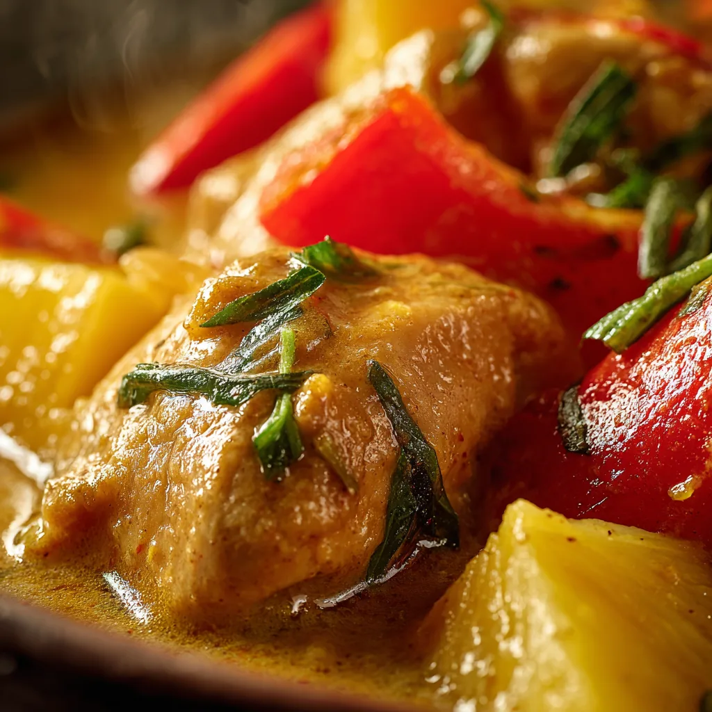 Nahaufnahme Hähnchen-Ananas-Curry mit cremiger Kokosmilchsauce und Gewürzen