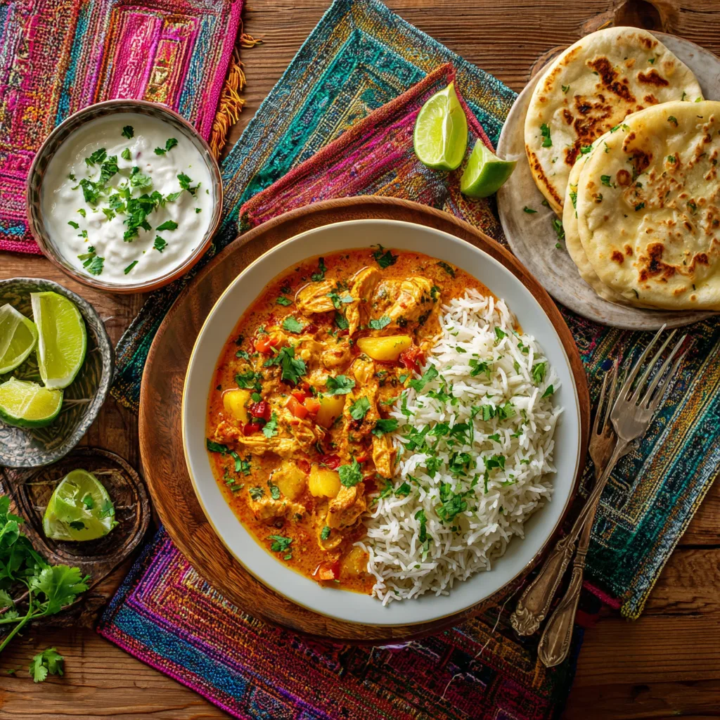 Serviertes Hähnchen-Ananas-Curry mit Reis auf gedecktem Tisch mit Beilagen