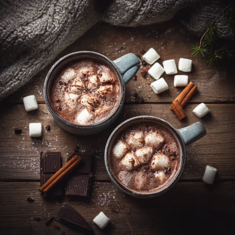 Heiße Schokolade mit Marshmallows in zwei Tassen aus der Draufsicht auf einem rustikalen Holztisch