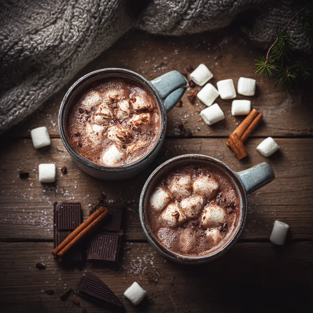Heiße Schokolade mit Marshmallows in zwei Tassen aus der Draufsicht auf einem rustikalen Holztisch