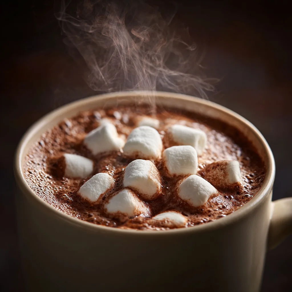 Nahaufnahme von Heiße Schokolade mit Marshmallows mit cremiger Oberfläche und geschmolzenen Marshmallows