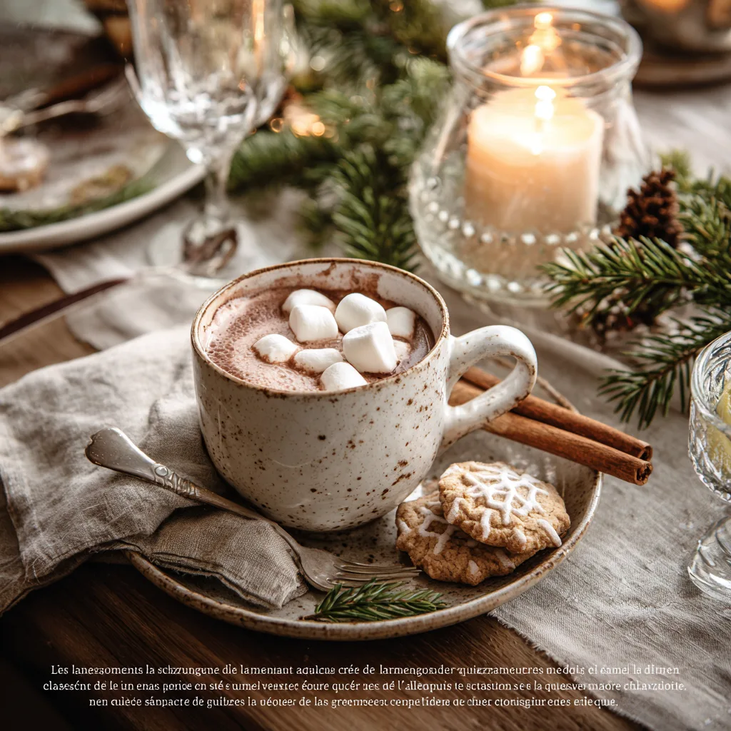 Servierte Heiße Schokolade mit Marshmallows auf einem winterlich gedeckten Tisch mit Keksen und Kerze