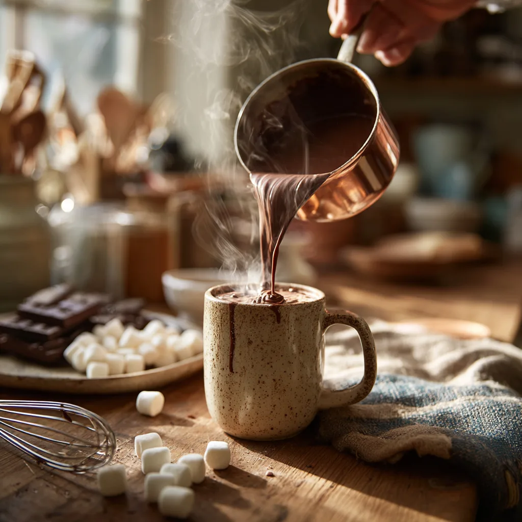 Zubereitung von Heiße Schokolade mit Marshmallows, während die heiße Schokolade in eine Tasse gegossen wird