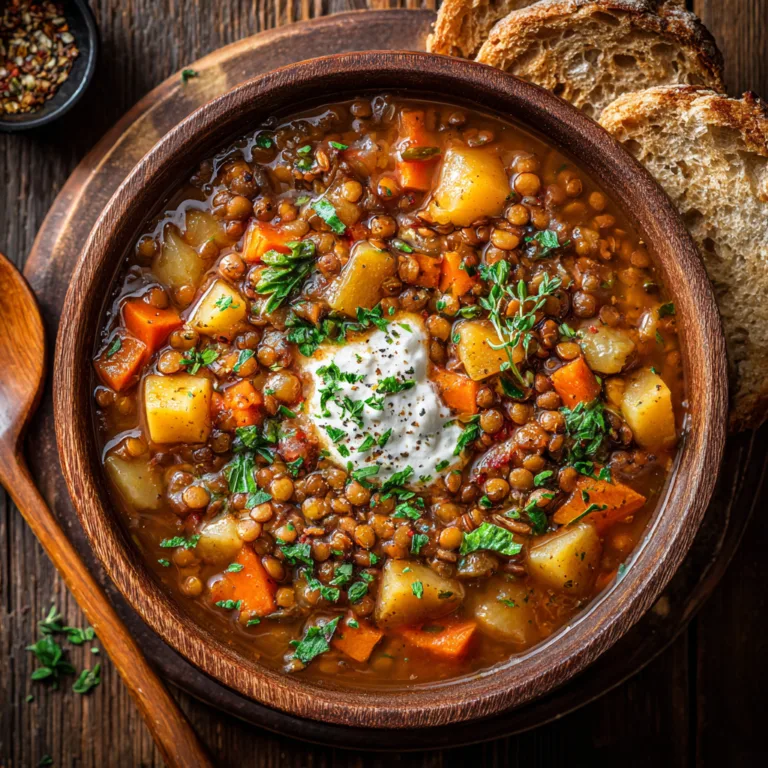 Herzhafte Linsensuppe in rustikaler Schüssel mit Brot und Kräutern von oben fotografiert