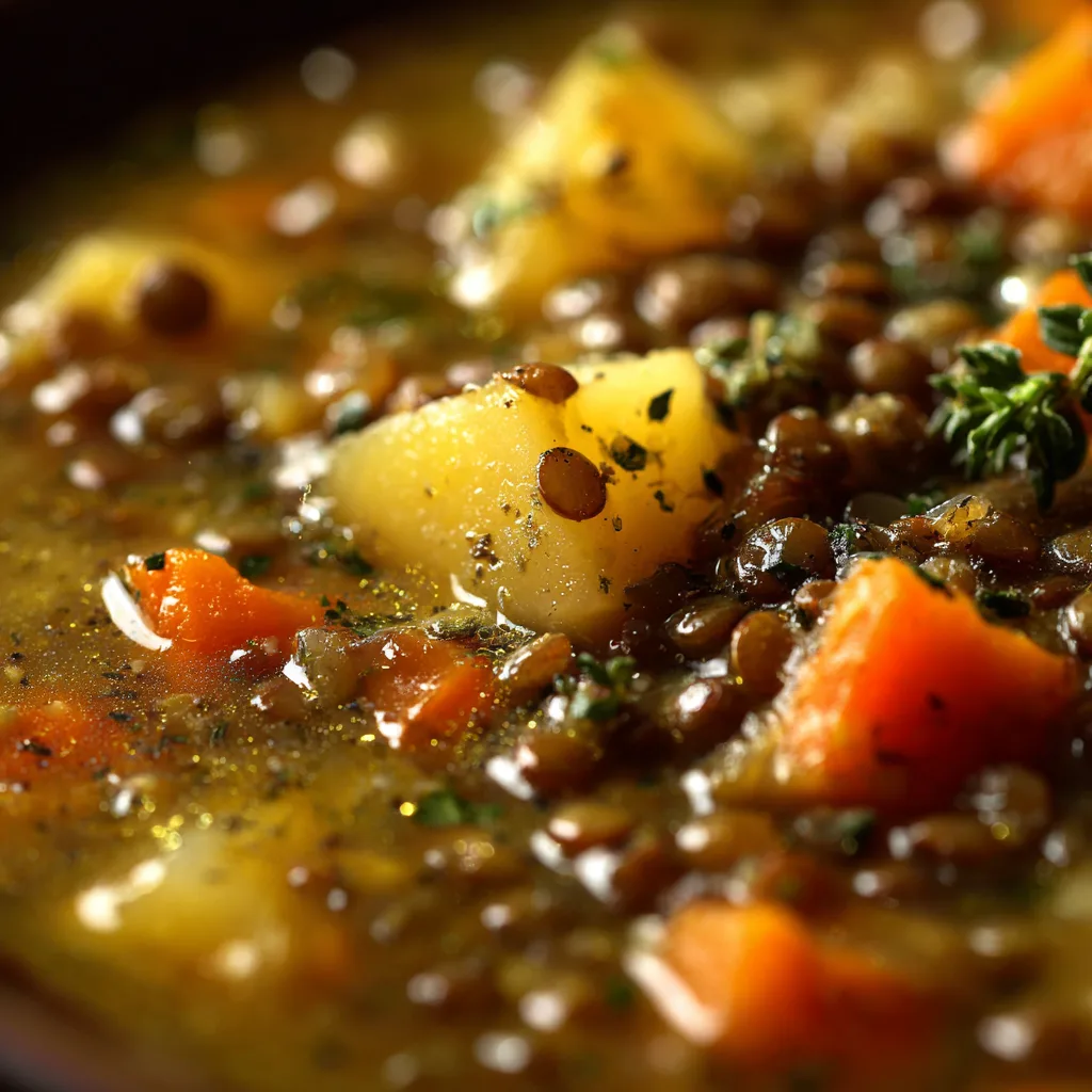 Nahaufnahme herzhafte Linsensuppe zeigt Textur mit Linsen und Gemüse