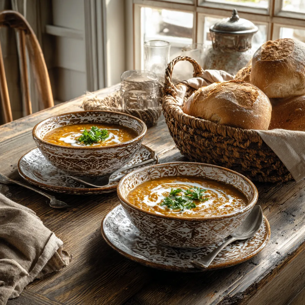 Herzhafte Linsensuppe stilvoll serviert auf gedecktem Tisch mit Brot
