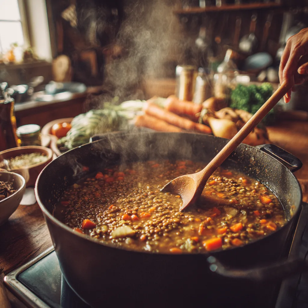 Zubereitung herzhafte Linsensuppe im Topf mit Holzlöffel beim Umrühren