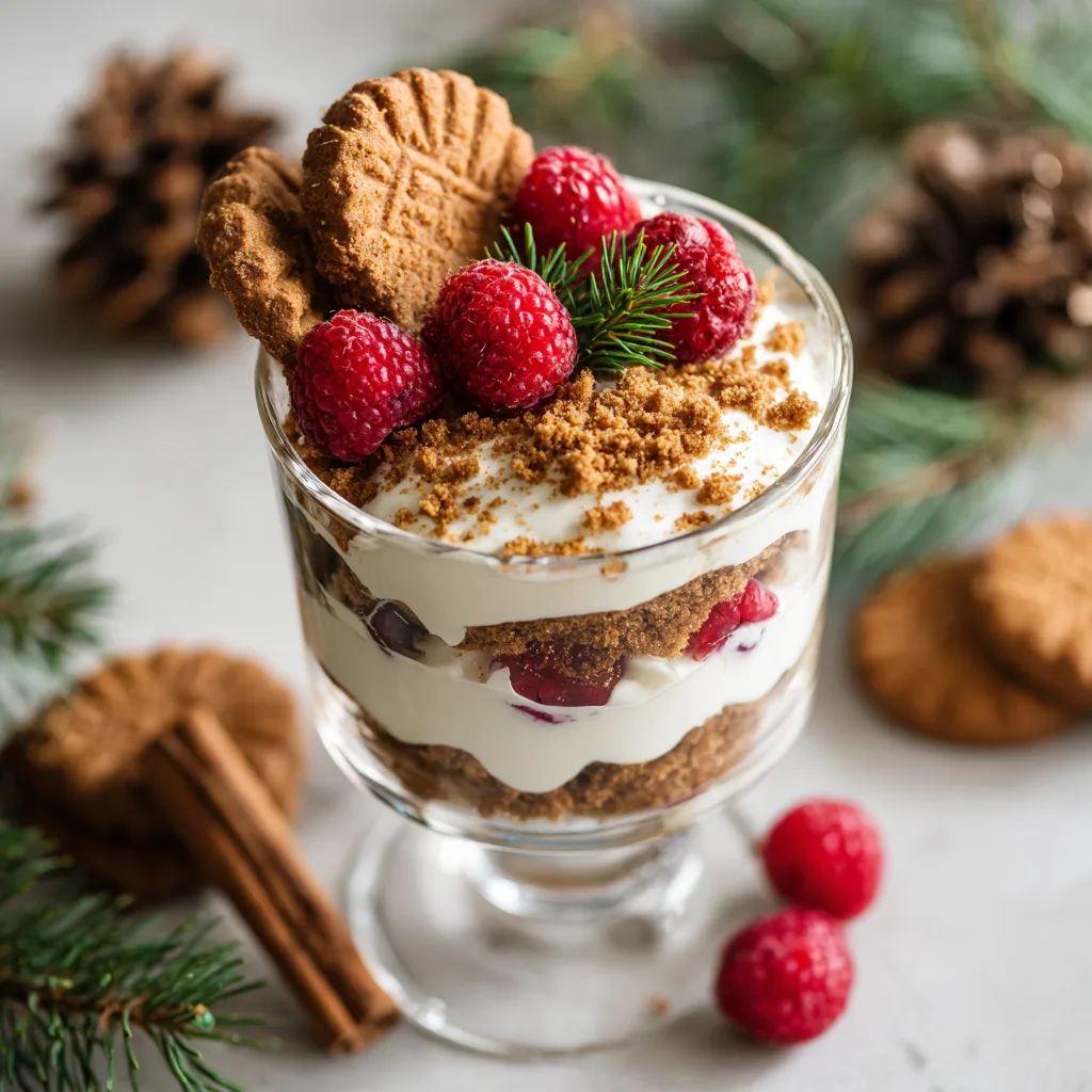 Himbeerdessert mit Spekulatius in Glas von oben mit Schichten aus Creme Himbeeren und Spekulatius zu Weihnachten