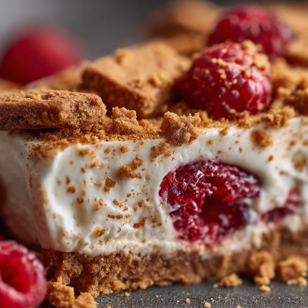 Nahaufnahme Himbeerdessert mit Spekulatius Textur cremig mit Vanille und Himbeeren Detail