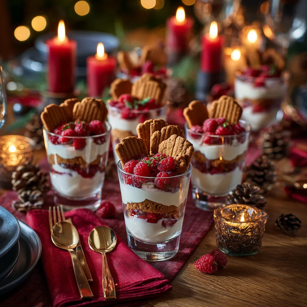 Himbeerdessert mit Spekulatius servieren festlich gedeckter Tisch Weihnachten Dessert im Glas