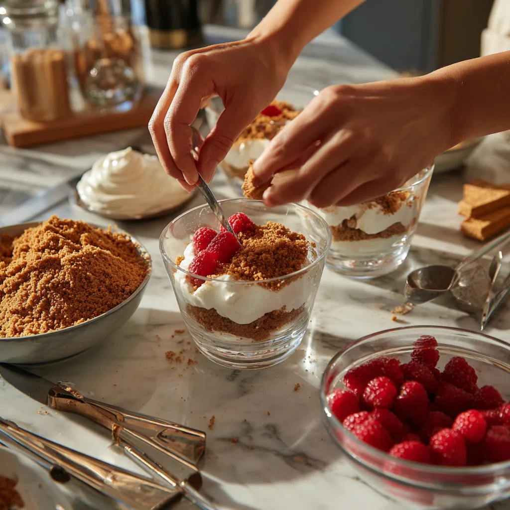 Himbeerdessert mit Spekulatius zubereiten Schichten einfüllen Küche Anleitung Schritt für Schritt