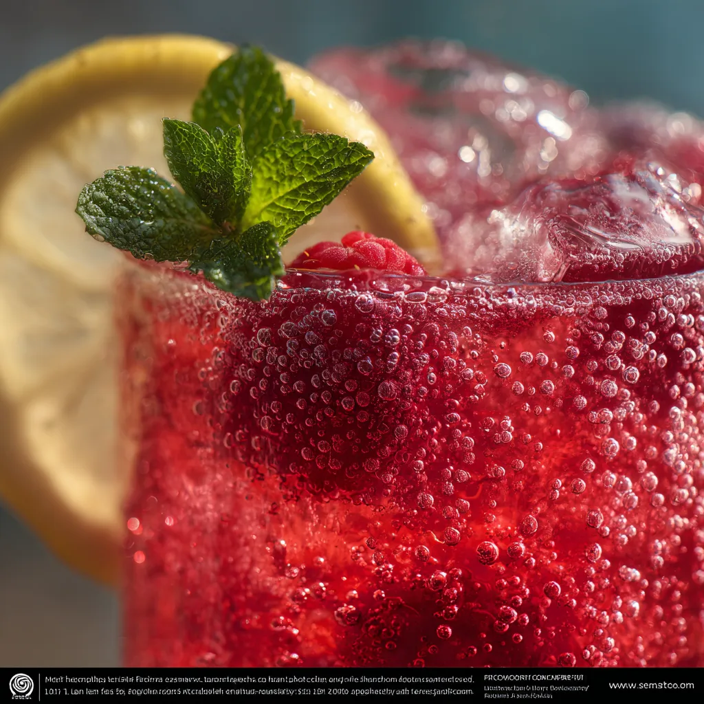 Glas Himbeerlimonade in Nahaufnahme mit Eiswürfeln, Himbeeren und Minze