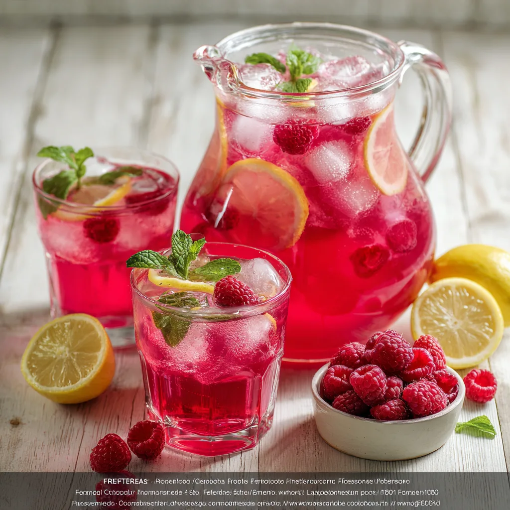 Himbeerlimonade in Karaffe von oben mit frischen Himbeeren, Zitrone und Minze