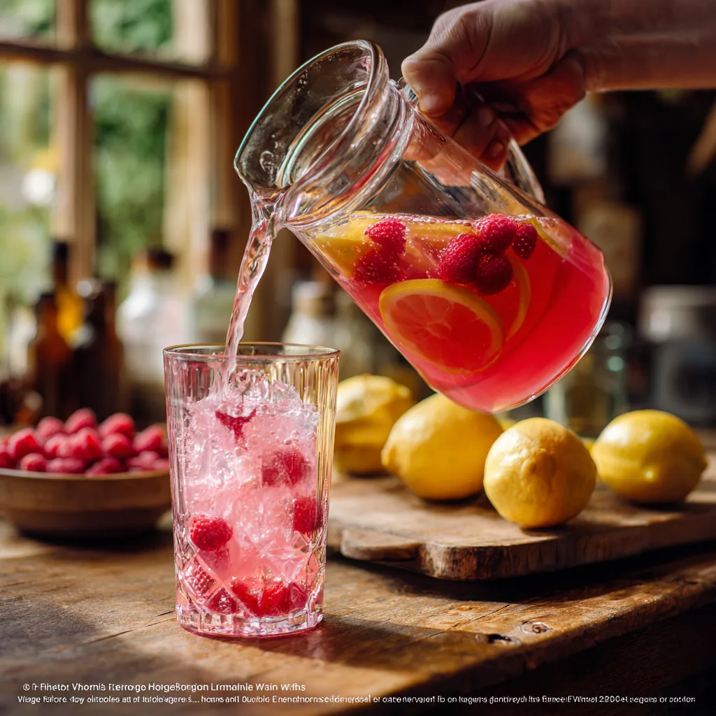 Himbeerlimonade wird in der Küche in ein Glas gegossen