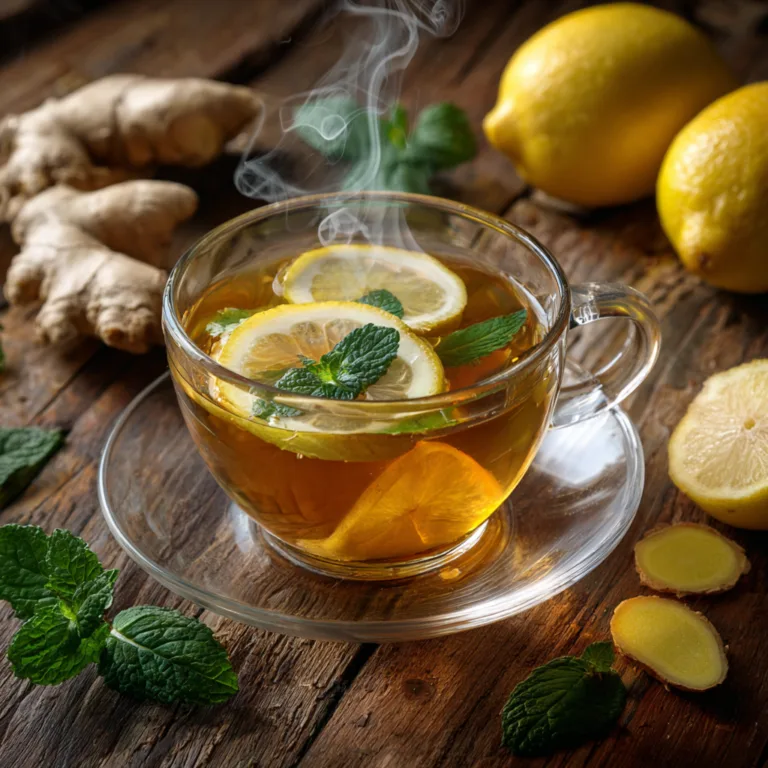Ingwer Zitrone Tee in Glastasse von oben mit frischen Zutaten auf Holztisch