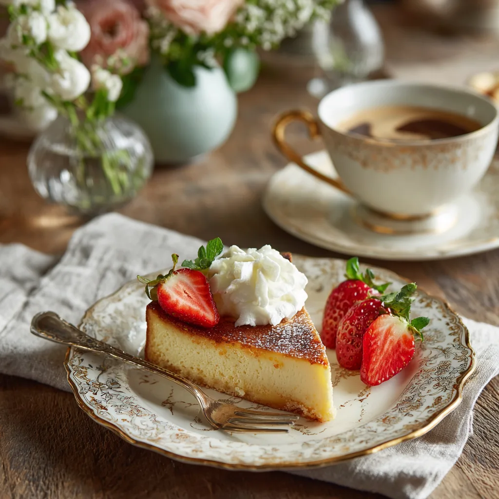 Servierter Käsekuchen auf Teller mit Sahne und Erdbeeren zum Kaffee